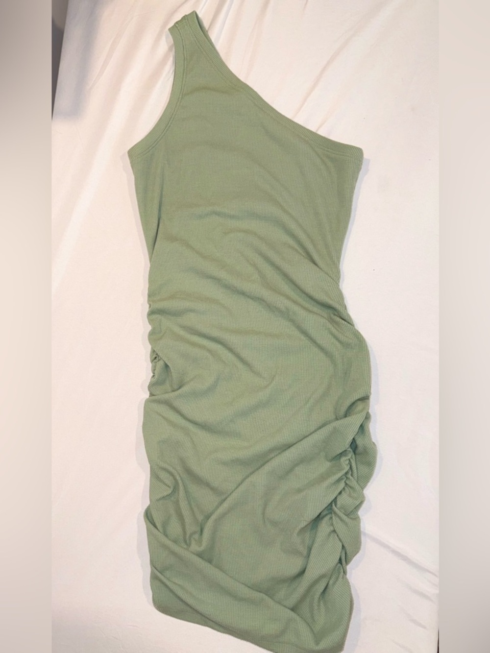 Lulu's One-Shoulder Sage Green Ribbed Tank Ruched Short Dress Size Large - Picture 2 of 16
